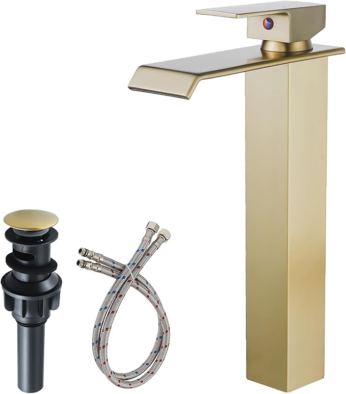 Bathroom Vessel Sink Faucet Brushed Gold, Waterfall Bathroom Faucet, Vessel Faucet, Tall Body High 1 Hole Single Handle with Pop Up Drain Combo Vanity Mixer Tap Commercial Basin Bowl Sink