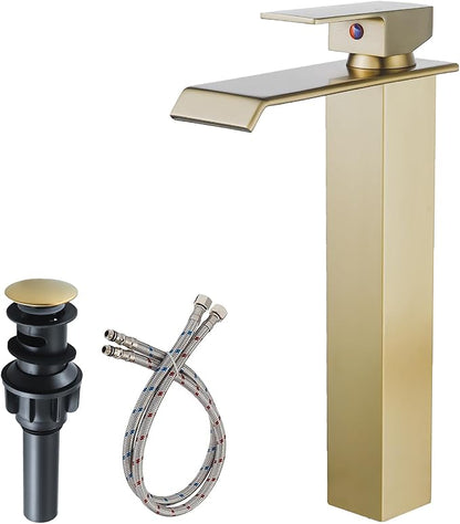 Bathroom Vessel Sink Faucet Brushed Gold, Waterfall Bathroom Faucet, Vessel Faucet, Tall Body High 1 Hole Single Handle with Pop Up Drain Combo Vanity Mixer Tap Commercial Basin Bowl Sink
