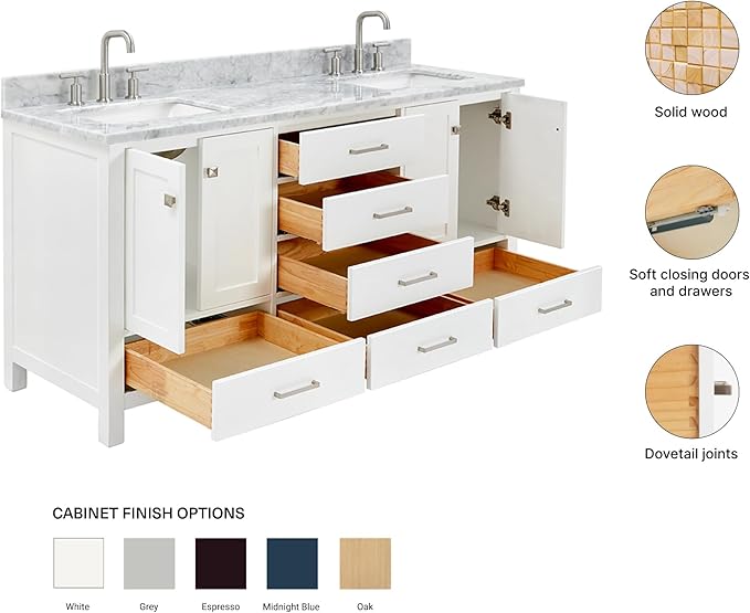 ARIEL Cambridge 66-inch Bathroom Vanity with Sink,Solid Wood, 0.75-inch Italian Carrara Marble Countertop, Double Rectangular Porcelain Sink, 4 Soft Closing Doors, 6 Dovetail Drawers, White