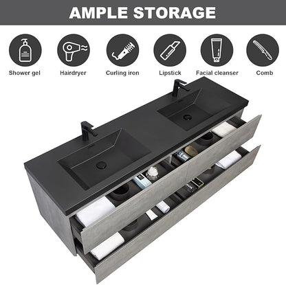 Wall Mounted 72 Inch Bathroom Vanity with Sink, Floating Vanity Bathroom, Double Sink Bathroom Vanity, 4 Drawers, Resin Integrated Sink (Dark Birch)