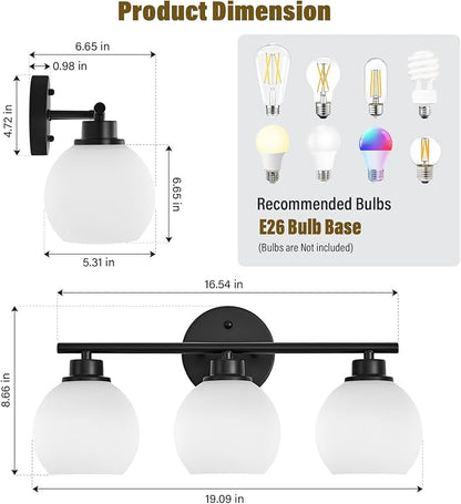 Matte Black Bathroom Light Fixtures, 3-Light Vanity Light Over Mirror | Modern Bathroom Lighting Over Mirror, Wall Sconces, Milky White Globe Glass Shades, E26 Socket,ETL Listed