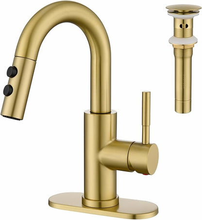 Bathroom Faucet with Sprayer, Brushed Gold Single Hole with Pop-Up Drain | Kablle Single Handle Pull Out 1 or 3 Hole Laundry Bar Basin Faucet with Deck Plate, KBL-7002BG-CL