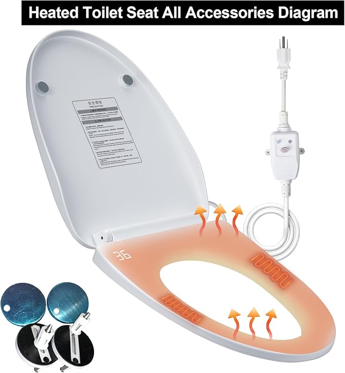 Heated Toilet Seat with Temperature Display and Built-in Side Control, 3-Speed Heating Mode Elongated Toilet Seats with Earth Leakage Protection, Slow Close Warming Toilet Seat with Auto Night Light