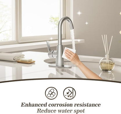 Phiestina Single Hole Brushed Nickel Bathroom Sink Faucet/Bar Sink/Pre-Kitchen Sink Faucet with 4 Inch Deck Plate,Drain and Supply Hoses, WE10-BN