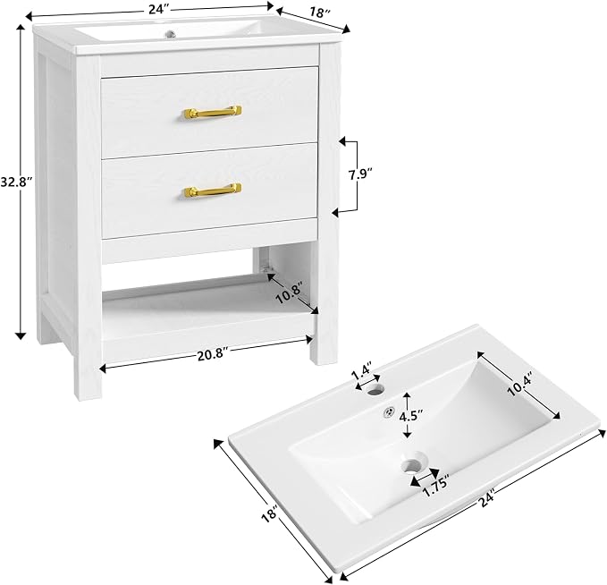 Bathroom Vanity with Sink, 24 Inch Small Bathroom Storage Cabinet with Double Drawers, Freestanding Modern Bathroom Cabinet with Open Bottom Shelf & LED Light, White