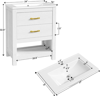 Bathroom Vanity with Sink, 24 Inch Small Bathroom Storage Cabinet with Double Drawers, Freestanding Modern Bathroom Cabinet with Open Bottom Shelf & LED Light, White