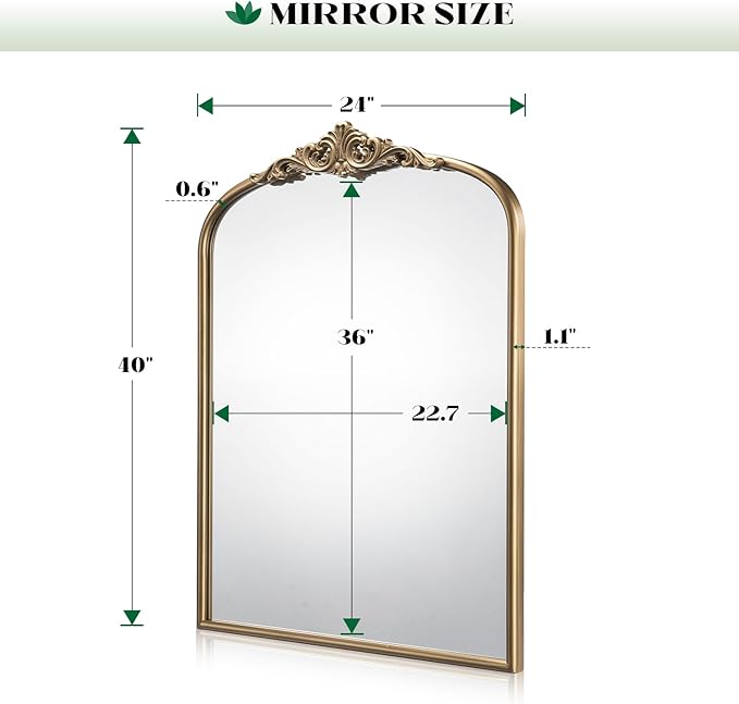 Arched Antique Gold Wall Mirror, 24"x40" Vintage Gold Bathroom Wall Mirror Over Sink, Ornate Arch Bronze Mirrors for Living Room, Fireplace, Entryway, Vanity, Hanging or Leaning