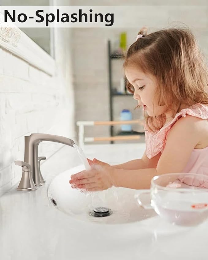 Fapully Brushed Nickel Bathroom Faucet 3 Hole, Waterfall 8 Inch Widespread Bathroom Sink Faucet with Pop-up Drain, Two-Handle Faucet for Bathroom Sink