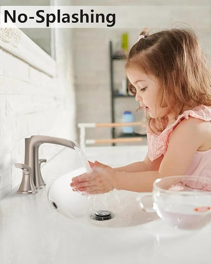 Fapully Brushed Nickel Bathroom Faucet 3 Hole, Waterfall 8 Inch Widespread Bathroom Sink Faucet with Pop-up Drain, Two-Handle Faucet for Bathroom Sink