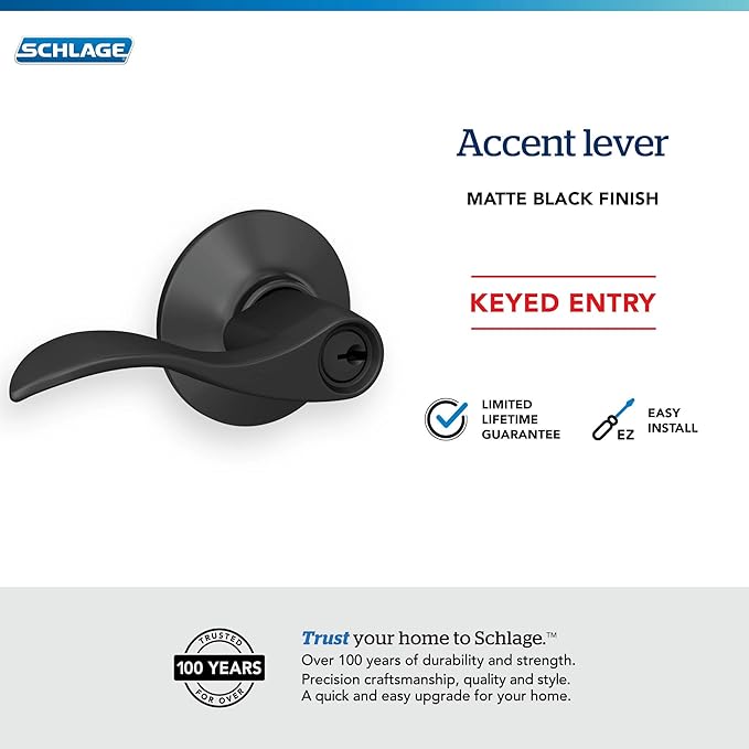 Schlage F51A ACC 622 Accent Door Lever, Keyed Entry Lock, Matte Black