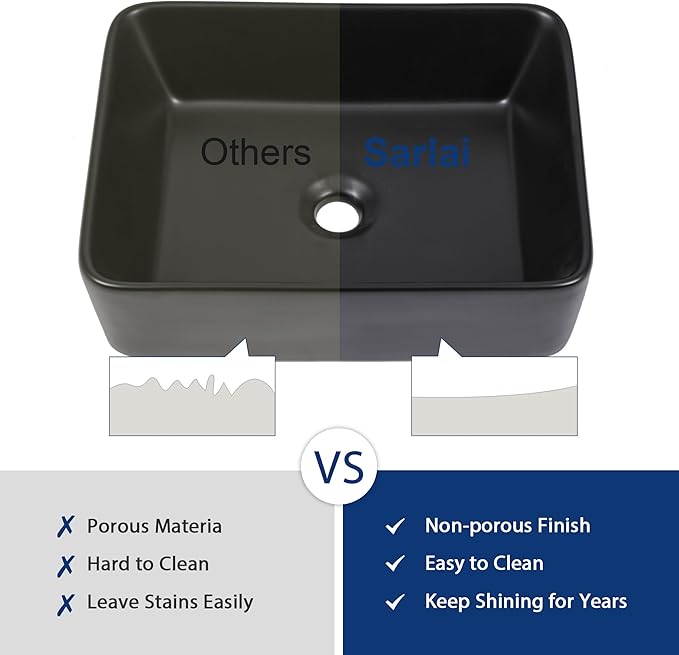 Sarlai Bathroom Vessel Sink - 19"x15" Modern Bathroom Sink Rectangular Above Counter Black Porcelain Ceramic Bathroom Vessel Vanity Sink Art Basin