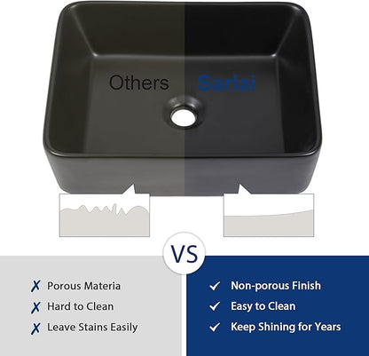 Sarlai Bathroom Vessel Sink - 19"x15" Modern Bathroom Sink Rectangular Above Counter Black Porcelain Ceramic Bathroom Vessel Vanity Sink Art Basin