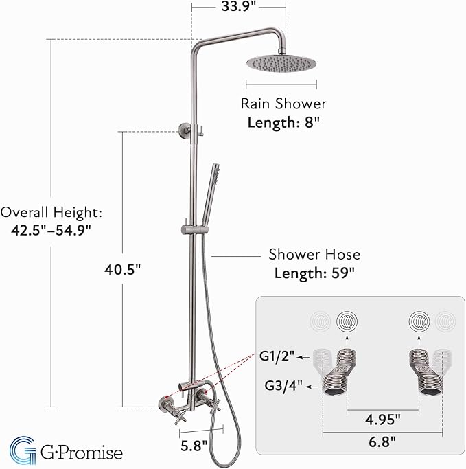 G‑Promise 316 Marine Grade Stainless Steel 8 Inches Outdoor Shower Kit | SUS 316 Stainless Steel, Built to Last, Easy Install, Height Adjustable, Wall Mounted, for Poolside, Backyard, Coastal Homes