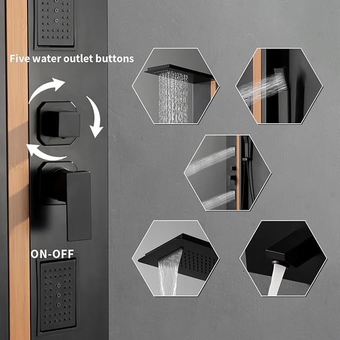 Shower Wall Panels Bathroom Shower Panel Tower System Multifunction Bamboo Wood and Stainless Steel Body Spray Jets Rainfall Waterfall Head with Handheld Wand and Tub Spout Wall Mount