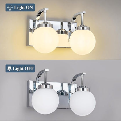 Modern 2 Lights Vanity Light Over Mirror Bathroom Vanity Light Fixtures Chrome Wall Sconce with Milk Glass Vanity Light for Bathroom Lighting