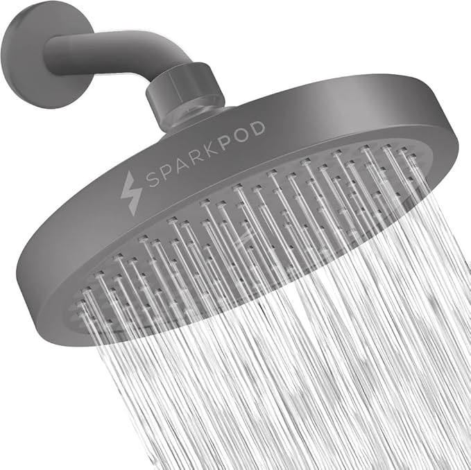 SparkPod Rain Shower Head, 6 Inch Round, Charcoal Grey Finish | High Pressure Shower Heads, 90 Nozzles, Adjustable Showerhead, No Tools Needed, Universal Connection