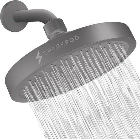 SparkPod Rain Shower Head, 6 Inch Round, Charcoal Grey Finish | High Pressure Shower Heads, 90 Nozzles, Adjustable Showerhead, No Tools Needed, Universal Connection