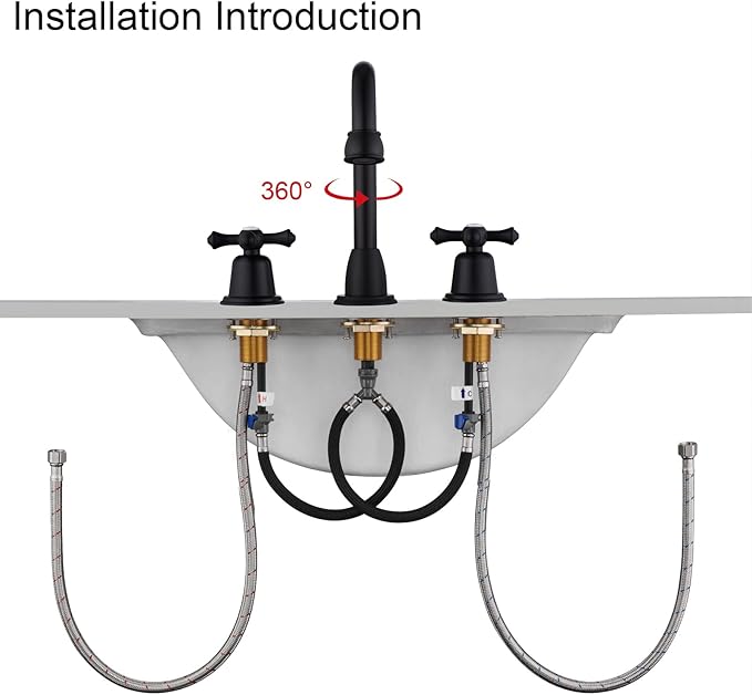 RKF Bathroom Faucets for Sink 3 Hole Matt Black 8 inch Widespread Bathroom Sink Faucet with Drain 2 Handles Cross Knobs Faucet Vanity Faucet Basin Mixer Tap with Hose & Deck CWF039-MB