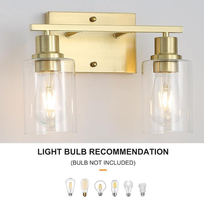 Brass Bedside Wall Sconces Set of 2, 1-Light Gold Bathroom Vanity Lights Fixtures with Clear Glass Shade, Farmhouse Modern E26 Wall Lamp for Hallway Living Room Bedroom