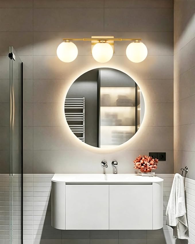Bathroom Vanity Light Brushed Brass 3T Wall Sconce for Mirror | Modern fixture Globe Glass Shade brightness, elivers even brightness. Sturdy metal resists rust. Dresser Bathroom over Mirror