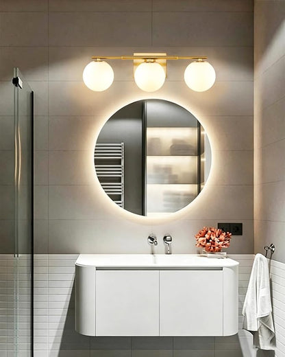 Bathroom Vanity Light Brushed Brass 3T Wall Sconce for Mirror | Modern fixture Globe Glass Shade brightness, elivers even brightness. Sturdy metal resists rust. Dresser Bathroom over Mirror