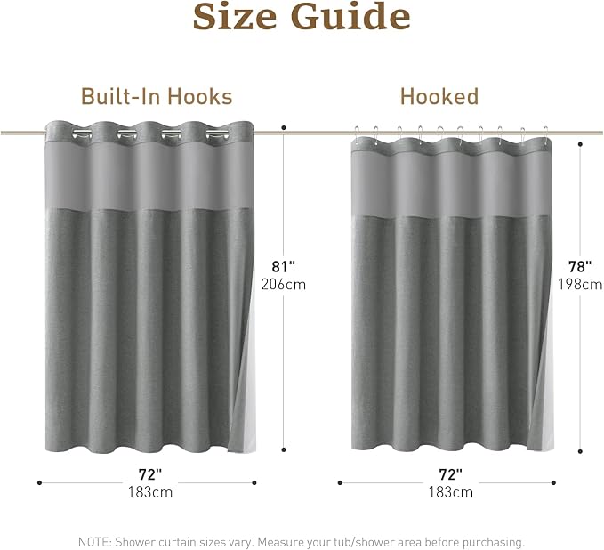 72x81 Ringless Linen Look Shower Curtain with Snap Liner Charcoal Grey | Tall Size, 3 in 1 Shower Curtain Set, Removable Liner, Waterproof & Washable, Mesh Top Window, Durable Fabric, Easy Setup