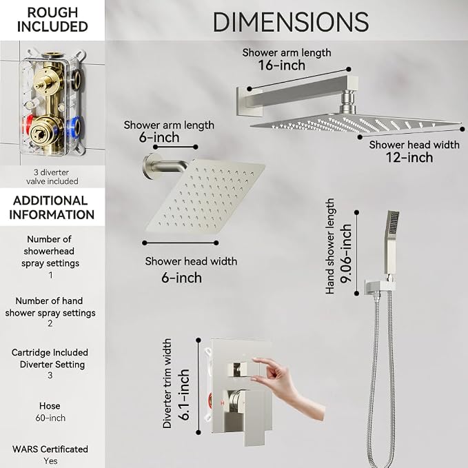 Shower System Shower Faucet Set, STARBATH 12"+6" Wall Mount Rain Shower Head and Handheld Spray for Two Person, Rainfall Shower System with Diverter Valve and Trim Kit Complete,Brushed Nickel