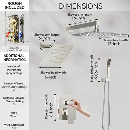 Shower System Shower Faucet Set, STARBATH 12"+6" Wall Mount Rain Shower Head and Handheld Spray for Two Person, Rainfall Shower System with Diverter Valve and Trim Kit Complete,Brushed Nickel