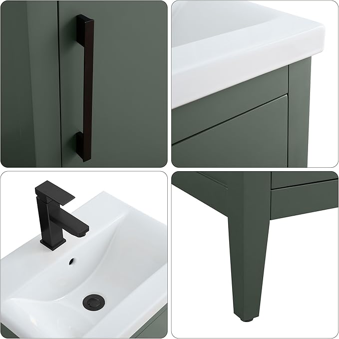 HomeBeyond 20 Inch Bathroom Vanity with Sink & Ceramic Top, Single Vanity Cabinet with Basin, Soft-Closing Doors & Matte Black Hardware, Vintage Green