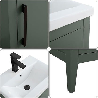 HomeBeyond 20 Inch Bathroom Vanity with Sink & Ceramic Top, Single Vanity Cabinet with Basin, Soft-Closing Doors & Matte Black Hardware, Vintage Green