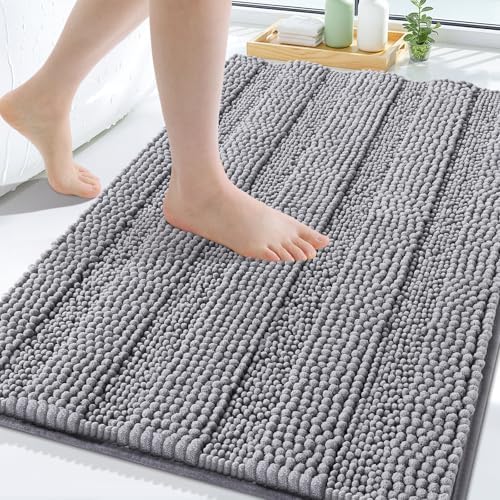 Grandaily Chenille Striped Bathroom Rugs 30x20, Extra Thick and Soft Absorbent Bath Mats, Rubber Backing, Plush Shaggy Shower Carpet, Machine Wash Dry, Bath Rug for Bathroom, Grey