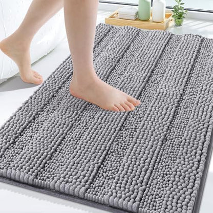 Grandaily Chenille Striped Bathroom Rugs 30x20, Extra Thick and Soft Absorbent Bath Mats, Rubber Backing, Plush Shaggy Shower Carpet, Machine Wash Dry, Bath Rug for Bathroom, Grey