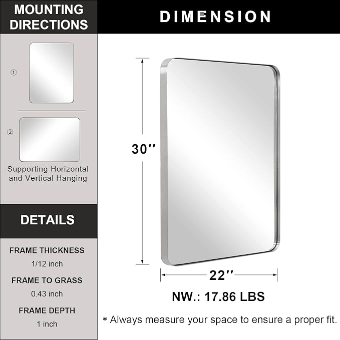 Brushed Nickel Mirror for Bathroom, 22"x30" Silver Metal Frame Wall Mirror, Rectangular Stainless Steel Rounded Corner