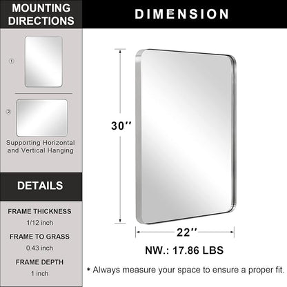 Brushed Nickel Mirror for Bathroom, 22"x30" Silver Metal Frame Wall Mirror, Rectangular Stainless Steel Rounded Corner