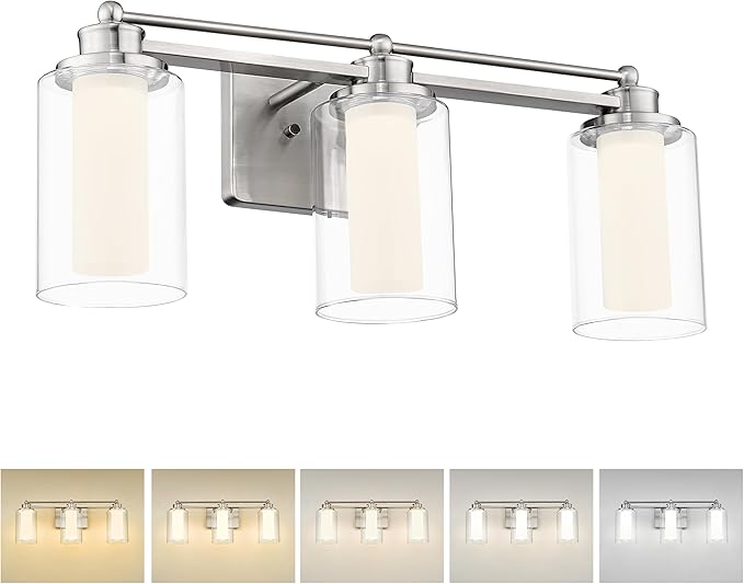 HWH Modern Bathroom Light Fixtures, Clear Glass, 5CCT, 5HLT63B-3W-LED BN | Dimmable, Brushed Nickel, 18W, Vanity Lights for Bathroom, Wall Light Fixtures, Smooth LED Brightness Adjustment, ETL Listed