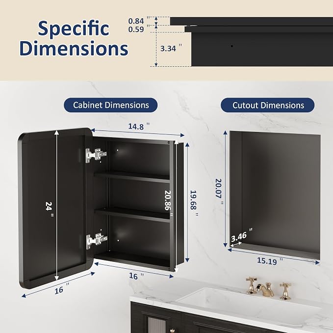 Medicine Cabinet Mirror 16x24 Inch, Black Bathroom Mirror Cabinet with Stepless Adjustable Shelves, Rounded Rectangle Metal Framed, Bathroom Mirror with Storage Recessed or Wall Mount