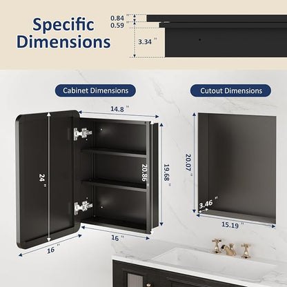 Medicine Cabinet Mirror 16x24 Inch, Black Bathroom Mirror Cabinet with Stepless Adjustable Shelves, Rounded Rectangle Metal Framed, Bathroom Mirror with Storage Recessed or Wall Mount
