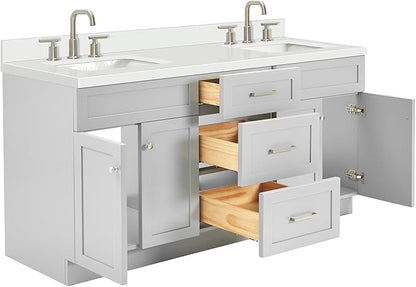 DKB Bradford 72 Inch Bathroom Vanity Double Sink — Grey Bathroom Vanity with Sink, 1.5" Edge Pure White Quartz Countertop & Backsplash, 4 Soft-Close Doors, and 3 Dovetail Drawers