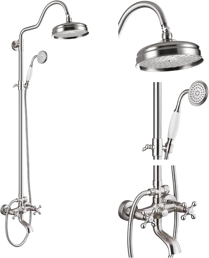 gotonovo Exposed Bathroom Shower System Two Cross Handle Brushed Nickel | Vintage Brass Tub Shower Faucet Set,8’’ Rain Head with Handheld Spray,Swivel Tub Spout,6’’ Hole Distance,Adjustable Height