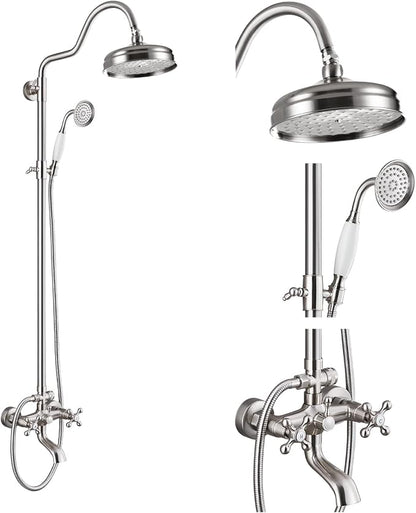 gotonovo Exposed Bathroom Shower System Two Cross Handle Brushed Nickel | Vintage Brass Tub Shower Faucet Set,8’’ Rain Head with Handheld Spray,Swivel Tub Spout,6’’ Hole Distance,Adjustable Height