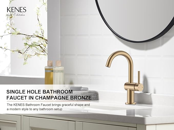 Champagne Bronze Bathroom Faucet 1 Hole, Single Handle Vanity Faucet | Bathroom Sink Faucet with Pop Up Drain & 6 Inch Deck Plate, Lead-Free cUPC & NSF Certified, 1 Handle Faucet for Vanity RV Bar