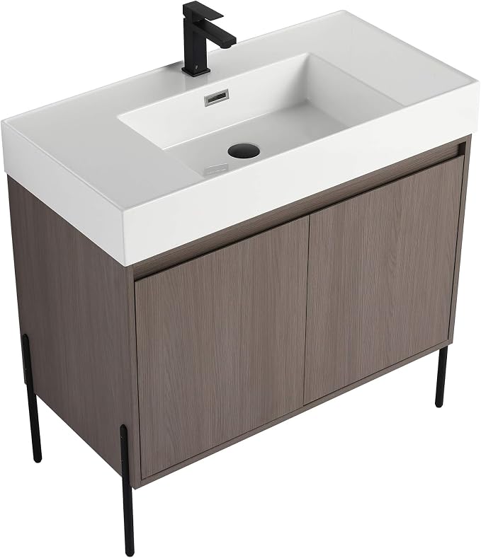 Crownpoint 36 Inch Bathroom Vanity with Sink, White Sink, Gray Oak Finish, Full Assembly Required, Elegant Bathroom Vanities for Modern Homes