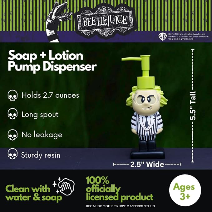 Beetlejuice Soap/Lotion/Hand Sanitizer Resin Pump Dispenser, 2.7 Ounces, (Officially Licensed Product) by Franco Collectibles