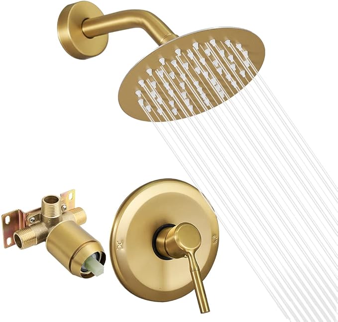 Brushed Gold Shower Head And Faucet Set Complete With Valve Shower Fixtures With 6 Inch High Pressure Rain Shower Head Trim kit Rough Include Regaderas Para bBaño Modernas