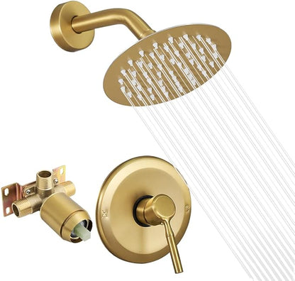 Brushed Gold Shower Head And Faucet Set Complete With Valve Shower Fixtures With 6 Inch High Pressure Rain Shower Head Trim kit Rough Include Regaderas Para bBaño Modernas