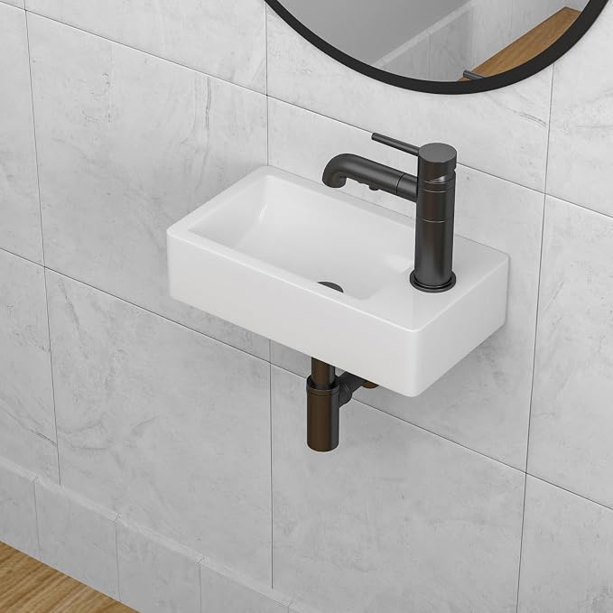 Wall Mount Bathroom Sink 18"x 10" Floating Bathroom Vessel Sink | Rectangular Wall Mount Ceramic Sink Wall Hung Bathroom Lavatory Wash Hand Basin Floating Wall Hung Sinks
