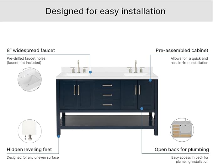 ARIEL Magnolia 60-inch Bathroom Vanity with Sink,Solid Wood, 1.5-inch Carrara White Quartz Countertop, Double Rectangular Porcelain Sink, 4 Soft Closing Doors, 3 Dovetail Drawers, Midnight Blue