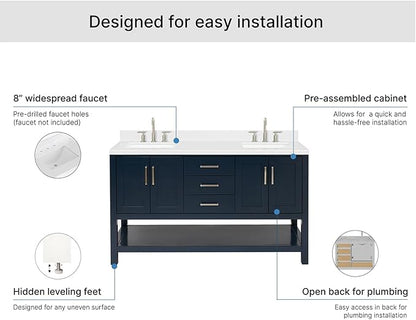 ARIEL Magnolia 60-inch Bathroom Vanity with Sink,Solid Wood, 1.5-inch Carrara White Quartz Countertop, Double Rectangular Porcelain Sink, 4 Soft Closing Doors, 3 Dovetail Drawers, Midnight Blue