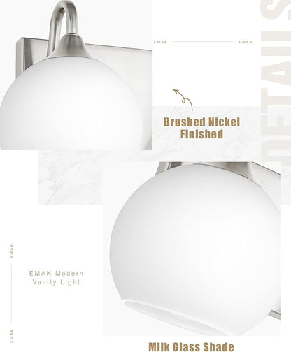 Emak Globe Bathroom Light Fixtures, Brushed Nickel Vanity Lights with Milk Glass Shade, Modern 2-Light Bathroom Vanity Lights Over Mirror, VL118-BN-ML-2