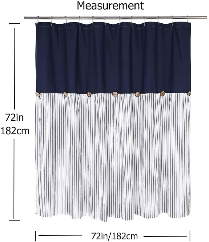 DOSLY Ides Farmhouse Navy Blue Shower Curtain for Bathroom, Beige and Navy Stripe, Button Curtain, Cotton Blend Woven Fabric, Rustic Charm Country Chic Style, 72x72 in